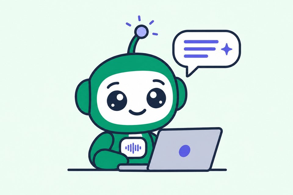 Robô do Iahumaniza sentado diante de um notebook, com um balão de fala ao lado